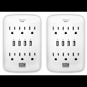 2 Pack - 6-Outlet Wall Tap with 4-USB Ports and Surge Protector - White